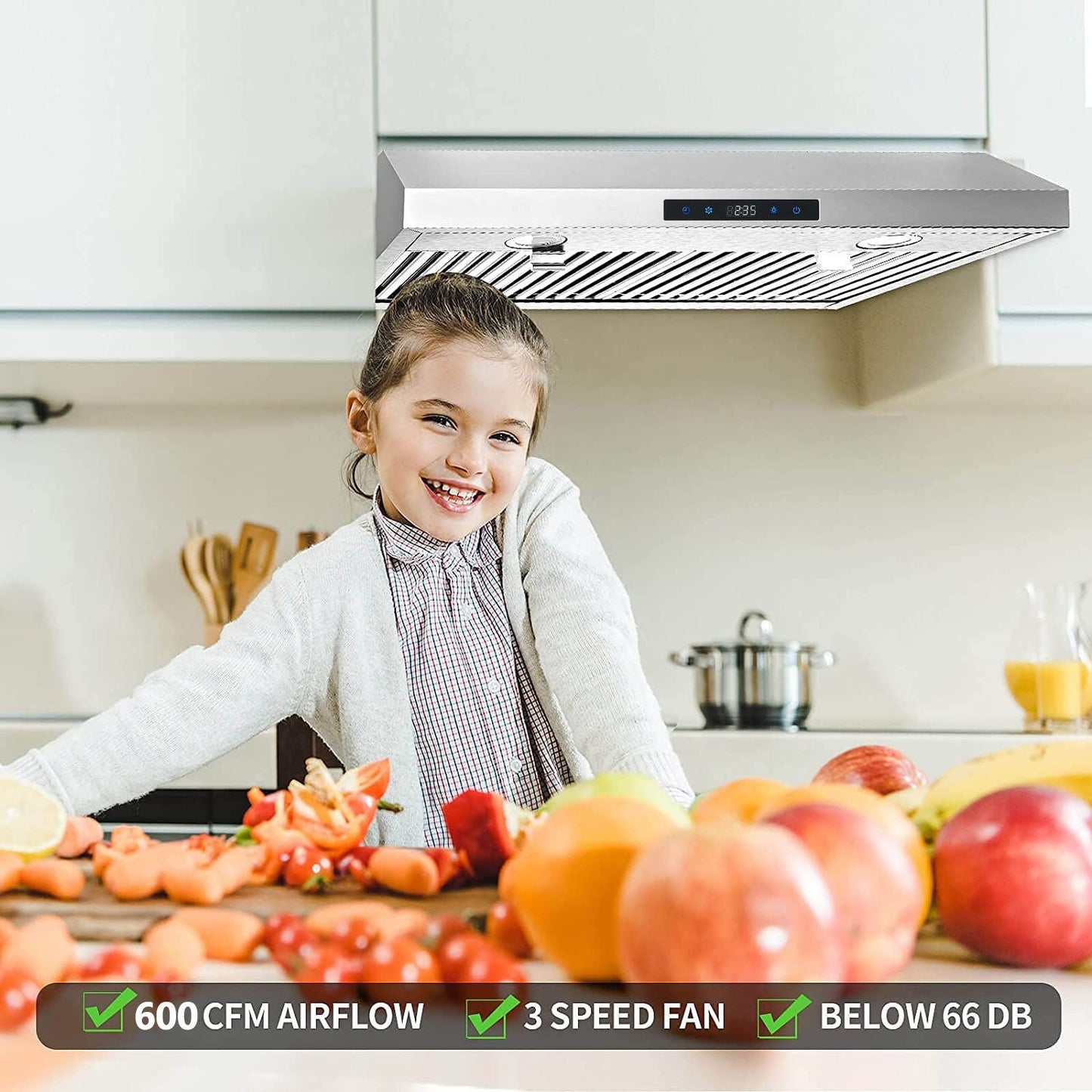 30 inch Kitchen Under Cabinet Range Hood 3 - Speed 600CFM Vent w/LEDs Silver/Black - 7DAY'S