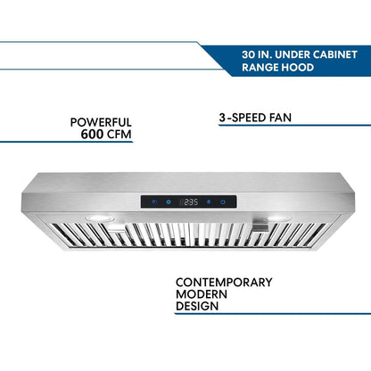30 inch Kitchen Under Cabinet Range Hood 3 - Speed 600CFM Vent w/LEDs Silver/Black - 7DAY'S