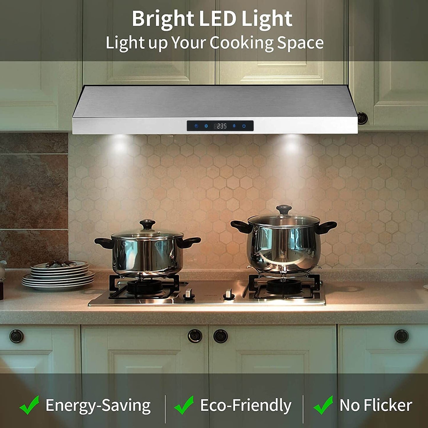 30 inch Kitchen Under Cabinet Range Hood 3 - Speed 600CFM Vent w/LEDs Silver/Black - 7DAY'S