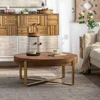 31.29"Modern Retro Splicing Round Coffee Table,Fir Wood Table Top with Gold Cross Legs Base(Same SKU:W757102843) - 7DAY'S