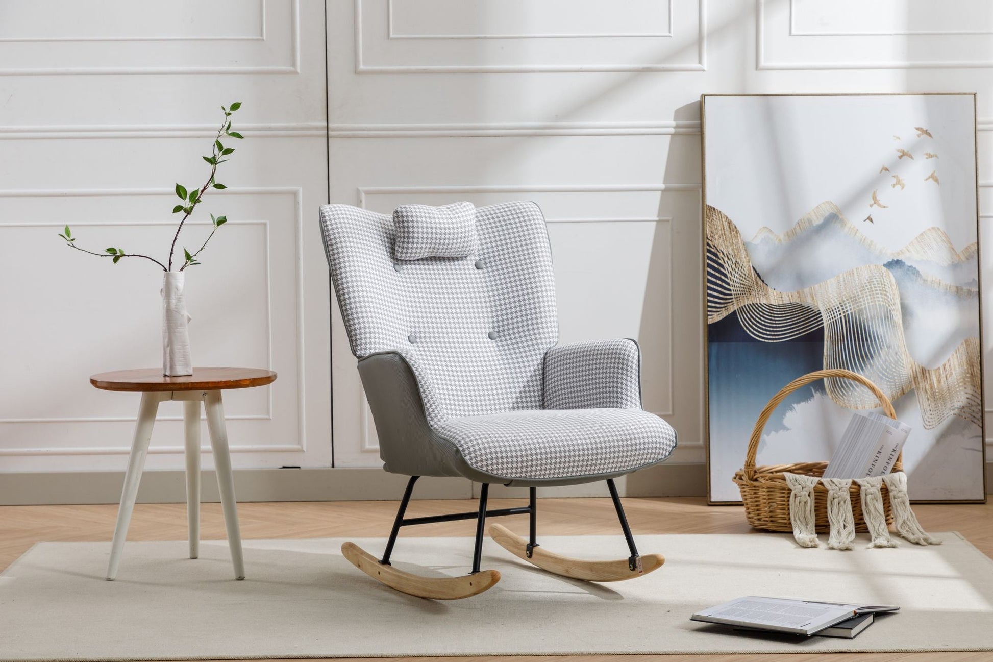 35.5 inch Rocking Chair, Soft Houndstooth Fabric Leather Fabric Rocking Chair for Nursery, Comfy Wingback Glider Rocker with Safe Solid Wood Base for Living Room Bedroom Balcony - 7DAY'S
