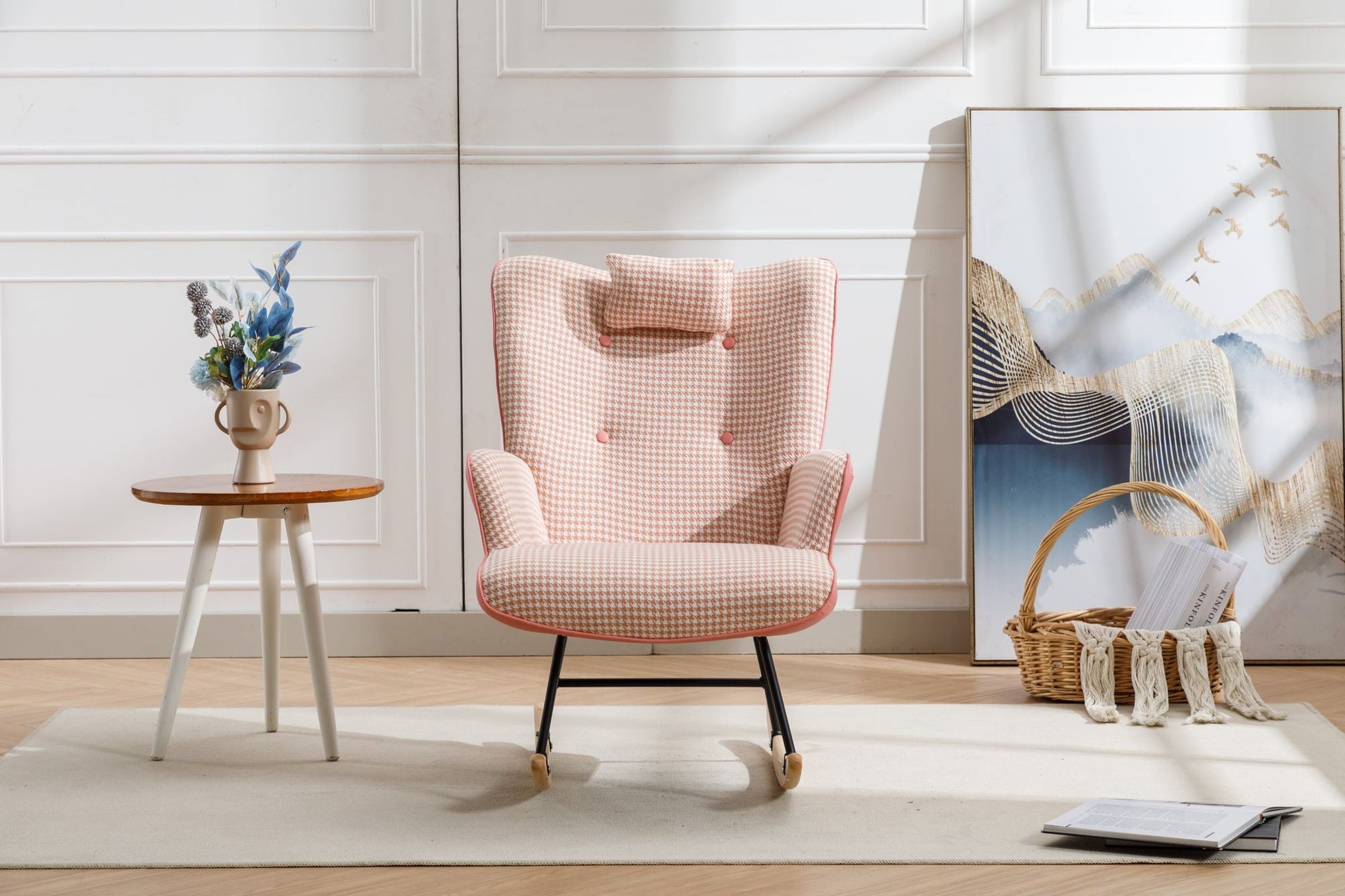35.5 inch Rocking Chair, Soft Houndstooth Fabric Leather Fabric Rocking Chair for Nursery, Comfy Wingback Glider Rocker with Safe Solid Wood Base for Living Room Bedroom Balcony - 7DAY'S
