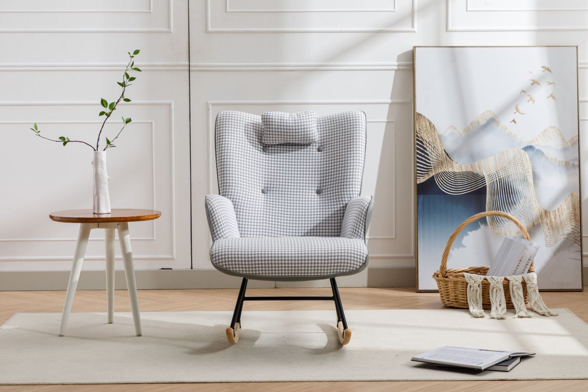 35.5 inch Rocking Chair, Soft Houndstooth Fabric Leather Fabric Rocking Chair for Nursery, Comfy Wingback Glider Rocker with Safe Solid Wood Base for Living Room Bedroom Balcony - 7DAY'S