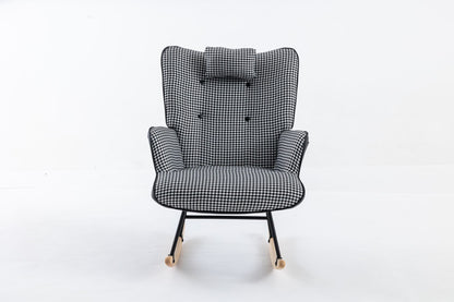 35.5 inch Rocking Chair, Soft Houndstooth Fabric Leather Fabric Rocking Chair for Nursery, Comfy Wingback Glider Rocker with Safe Solid Wood Base for Living Room Bedroom Balcony - 7DAY'S