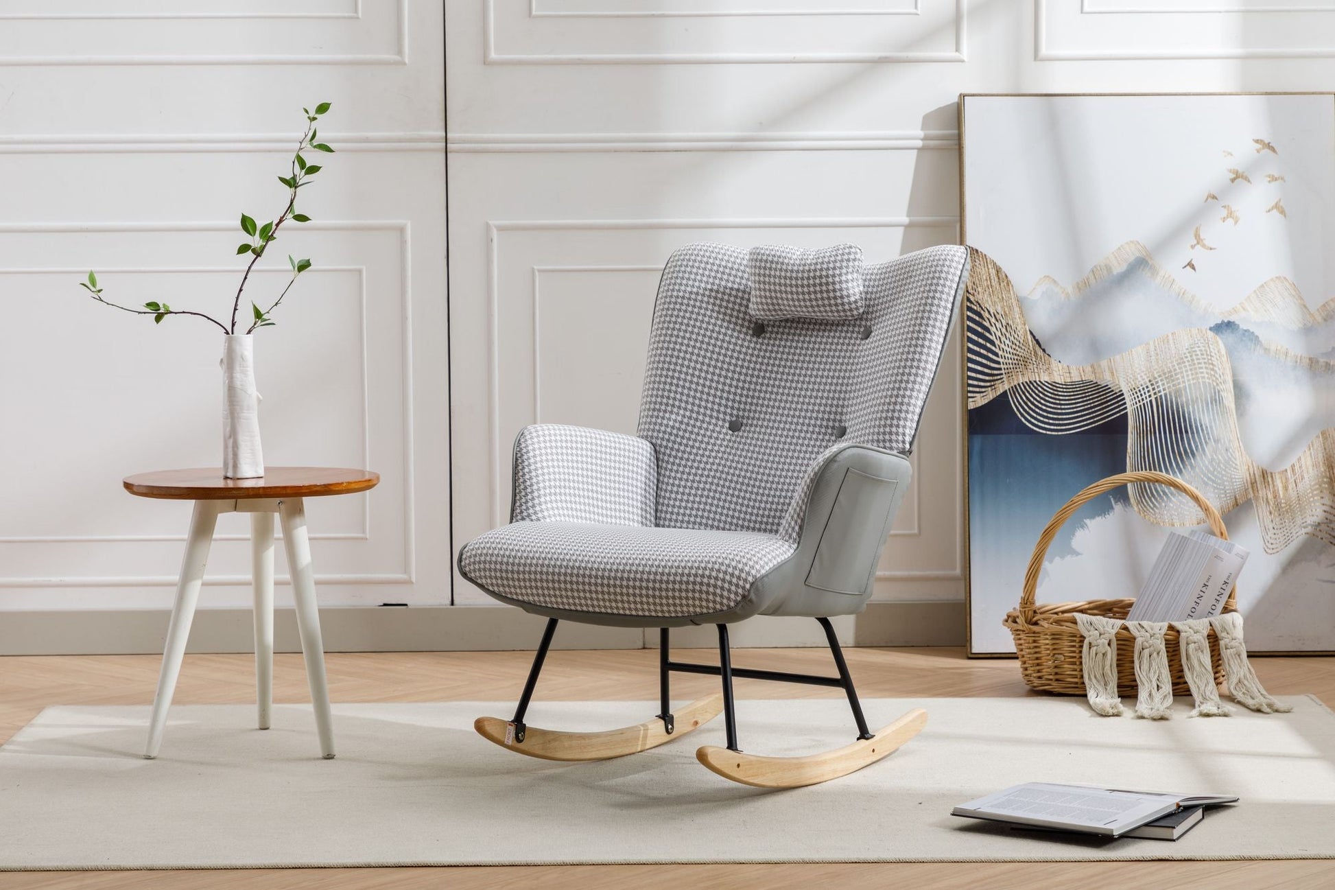 35.5 inch Rocking Chair, Soft Houndstooth Fabric Leather Fabric Rocking Chair for Nursery, Comfy Wingback Glider Rocker with Safe Solid Wood Base for Living Room Bedroom Balcony - 7DAY'S