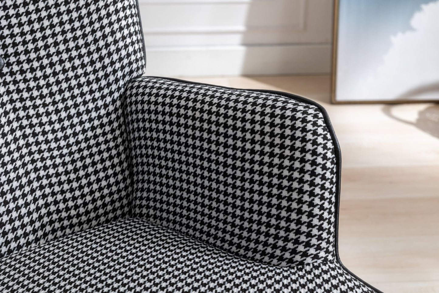 35.5 inch Rocking Chair, Soft Houndstooth Fabric Leather Fabric Rocking Chair for Nursery, Comfy Wingback Glider Rocker with Safe Solid Wood Base for Living Room Bedroom Balcony - 7DAY'S