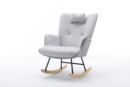 35.5 inch Rocking Chair, Soft Houndstooth Fabric Leather Fabric Rocking Chair for Nursery, Comfy Wingback Glider Rocker with Safe Solid Wood Base for Living Room Bedroom Balcony - 7DAY'S