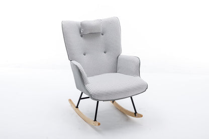 35.5 inch Rocking Chair, Soft Houndstooth Fabric Leather Fabric Rocking Chair for Nursery, Comfy Wingback Glider Rocker with Safe Solid Wood Base for Living Room Bedroom Balcony - 7DAY'S