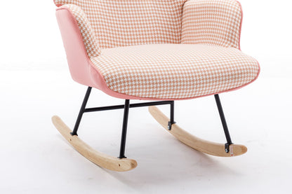 35.5 inch Rocking Chair, Soft Houndstooth Fabric Leather Fabric Rocking Chair for Nursery, Comfy Wingback Glider Rocker with Safe Solid Wood Base for Living Room Bedroom Balcony - 7DAY'S