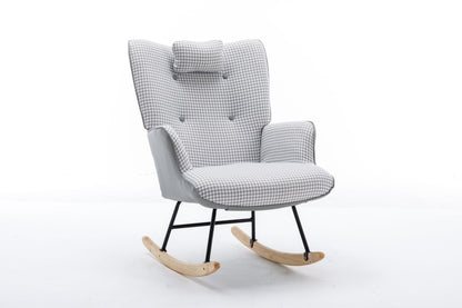 35.5 inch Rocking Chair, Soft Houndstooth Fabric Leather Fabric Rocking Chair for Nursery, Comfy Wingback Glider Rocker with Safe Solid Wood Base for Living Room Bedroom Balcony - 7DAY'S