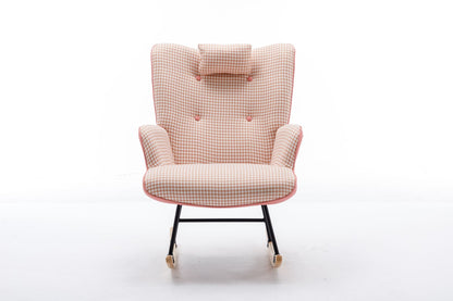 35.5 inch Rocking Chair, Soft Houndstooth Fabric Leather Fabric Rocking Chair for Nursery, Comfy Wingback Glider Rocker with Safe Solid Wood Base for Living Room Bedroom Balcony - 7DAY'S