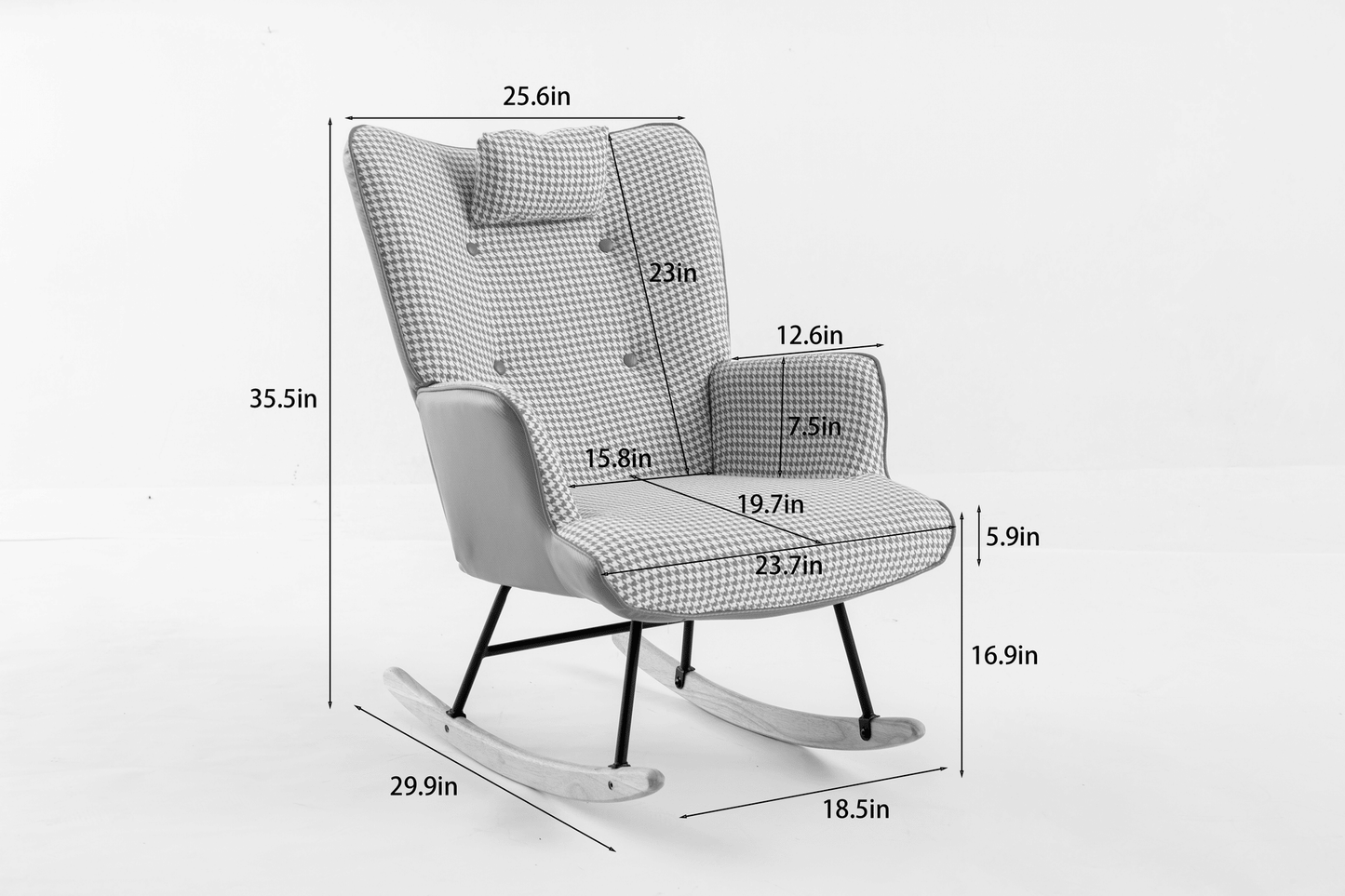 35.5 inch Rocking Chair, Soft Houndstooth Fabric Leather Fabric Rocking Chair for Nursery, Comfy Wingback Glider Rocker with Safe Solid Wood Base for Living Room Bedroom Balcony - 7DAY'S