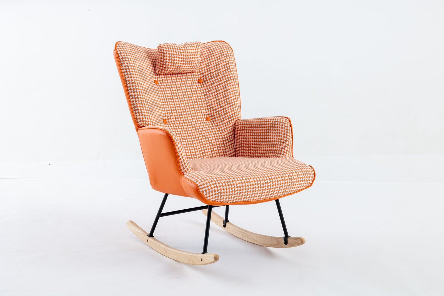 35.5 inch Rocking Chair, Soft Houndstooth Fabric Leather Fabric Rocking Chair for Nursery, Comfy Wingback Glider Rocker with Safe Solid Wood Base for Living Room Bedroom Balcony - 7DAY'S