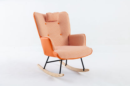 35.5 inch Rocking Chair, Soft Houndstooth Fabric Leather Fabric Rocking Chair for Nursery, Comfy Wingback Glider Rocker with Safe Solid Wood Base for Living Room Bedroom Balcony - 7DAY'S