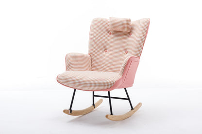35.5 inch Rocking Chair, Soft Houndstooth Fabric Leather Fabric Rocking Chair for Nursery, Comfy Wingback Glider Rocker with Safe Solid Wood Base for Living Room Bedroom Balcony - 7DAY'S