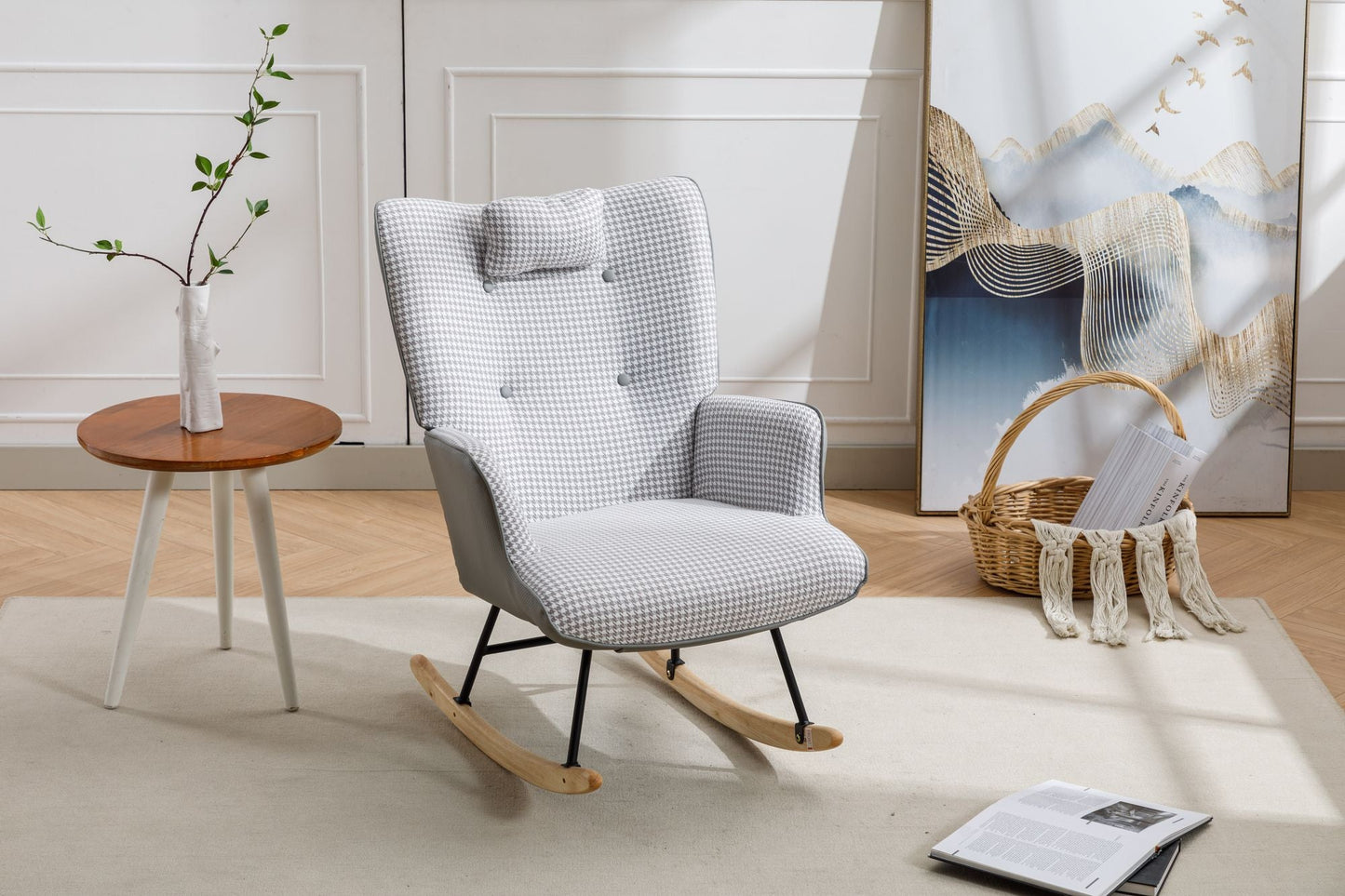 35.5 inch Rocking Chair, Soft Houndstooth Fabric Leather Fabric Rocking Chair for Nursery, Comfy Wingback Glider Rocker with Safe Solid Wood Base for Living Room Bedroom Balcony - 7DAY'S