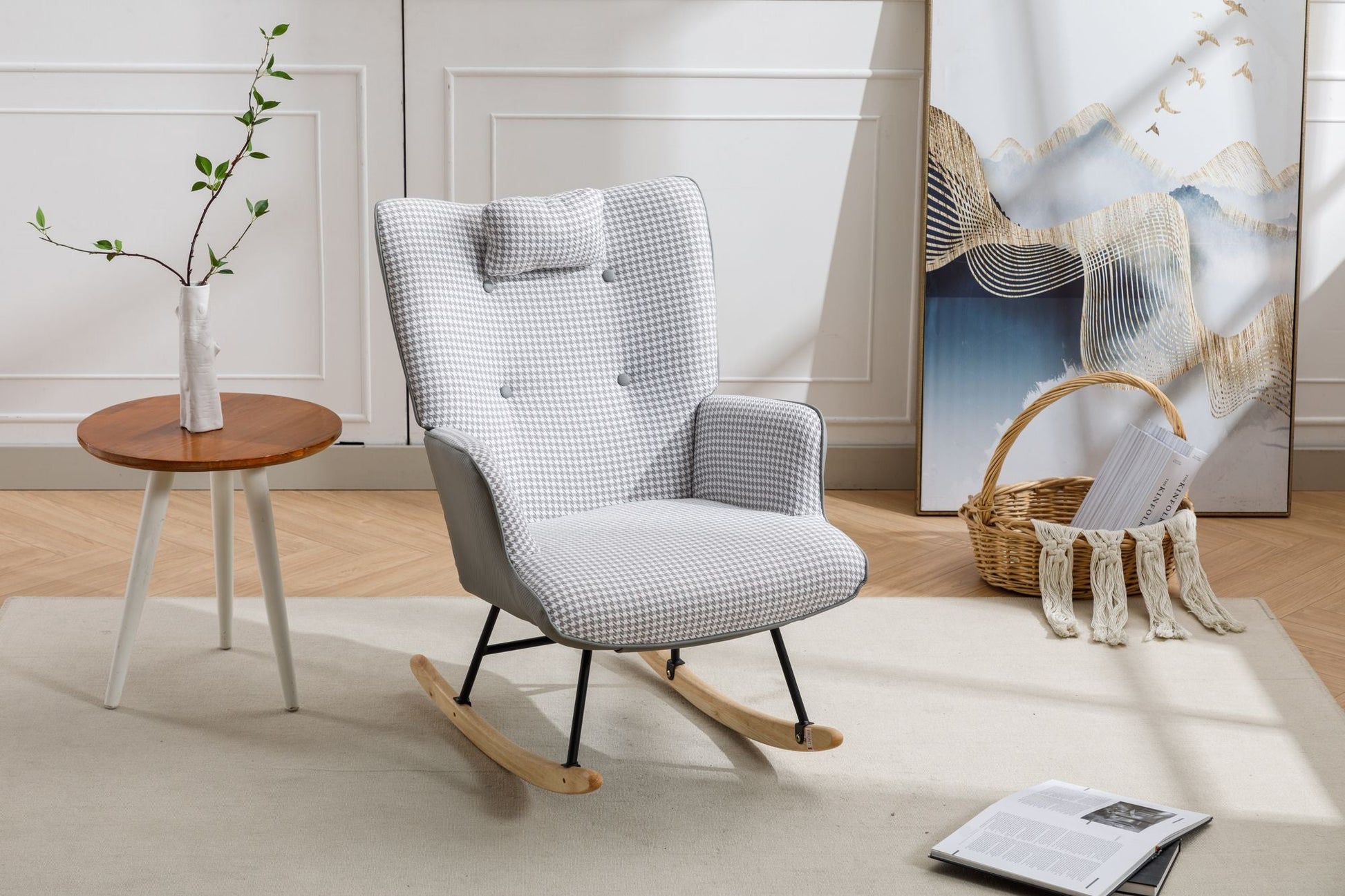 35.5 inch Rocking Chair, Soft Houndstooth Fabric Leather Fabric Rocking Chair for Nursery, Comfy Wingback Glider Rocker with Safe Solid Wood Base for Living Room Bedroom Balcony - 7DAY'S