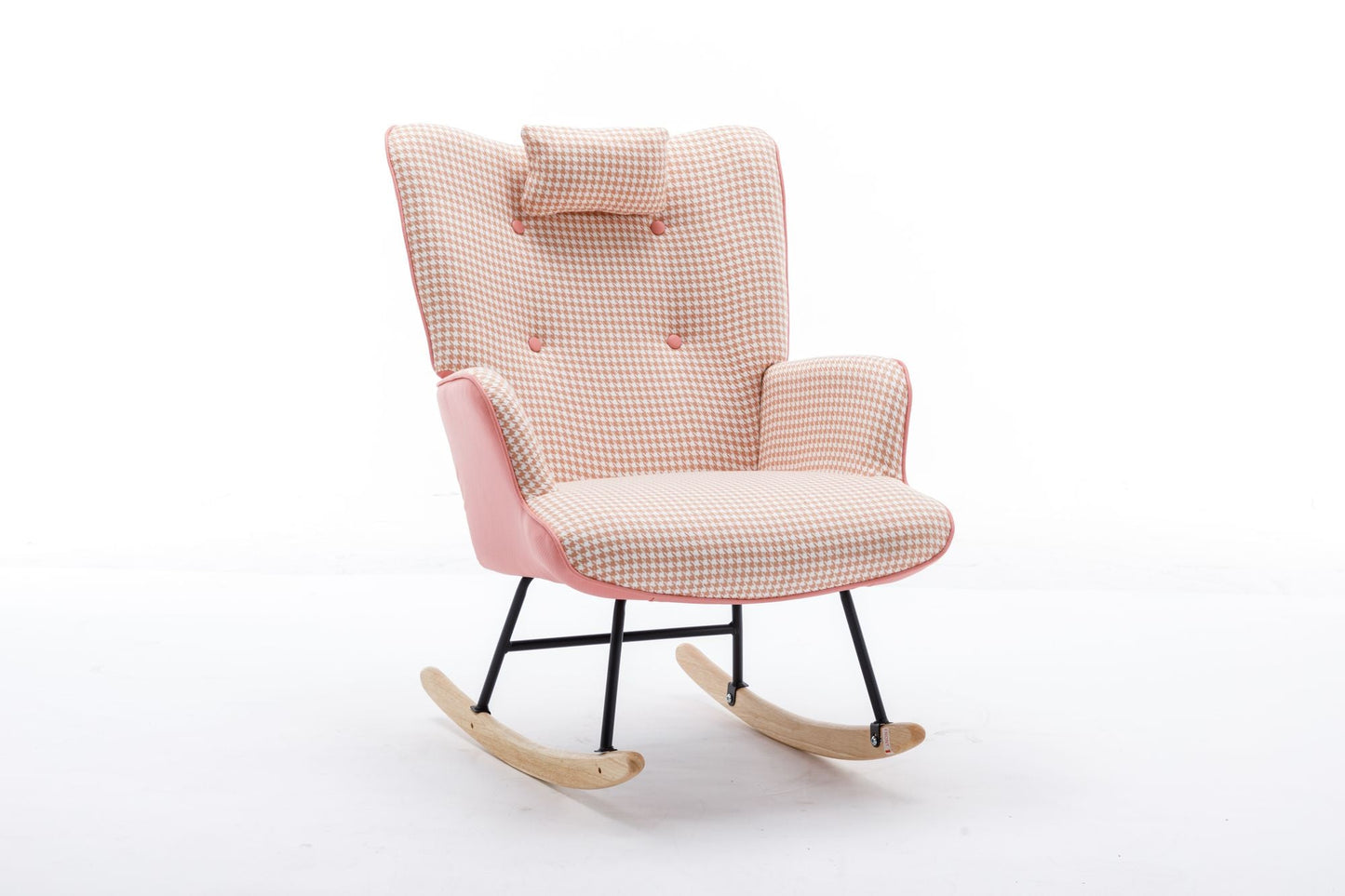 35.5 inch Rocking Chair, Soft Houndstooth Fabric Leather Fabric Rocking Chair for Nursery, Comfy Wingback Glider Rocker with Safe Solid Wood Base for Living Room Bedroom Balcony - 7DAY'S