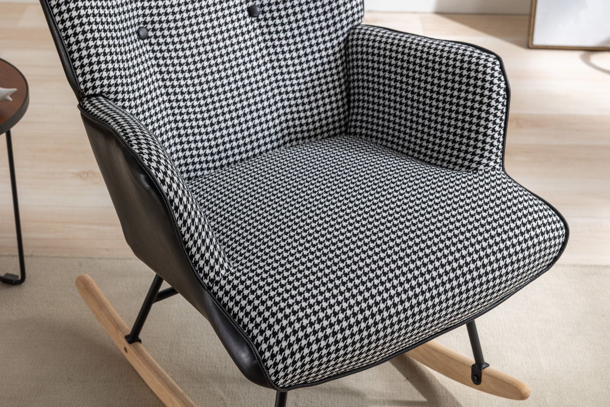 35.5 inch Rocking Chair, Soft Houndstooth Fabric Leather Fabric Rocking Chair for Nursery, Comfy Wingback Glider Rocker with Safe Solid Wood Base for Living Room Bedroom Balcony - 7DAY'S