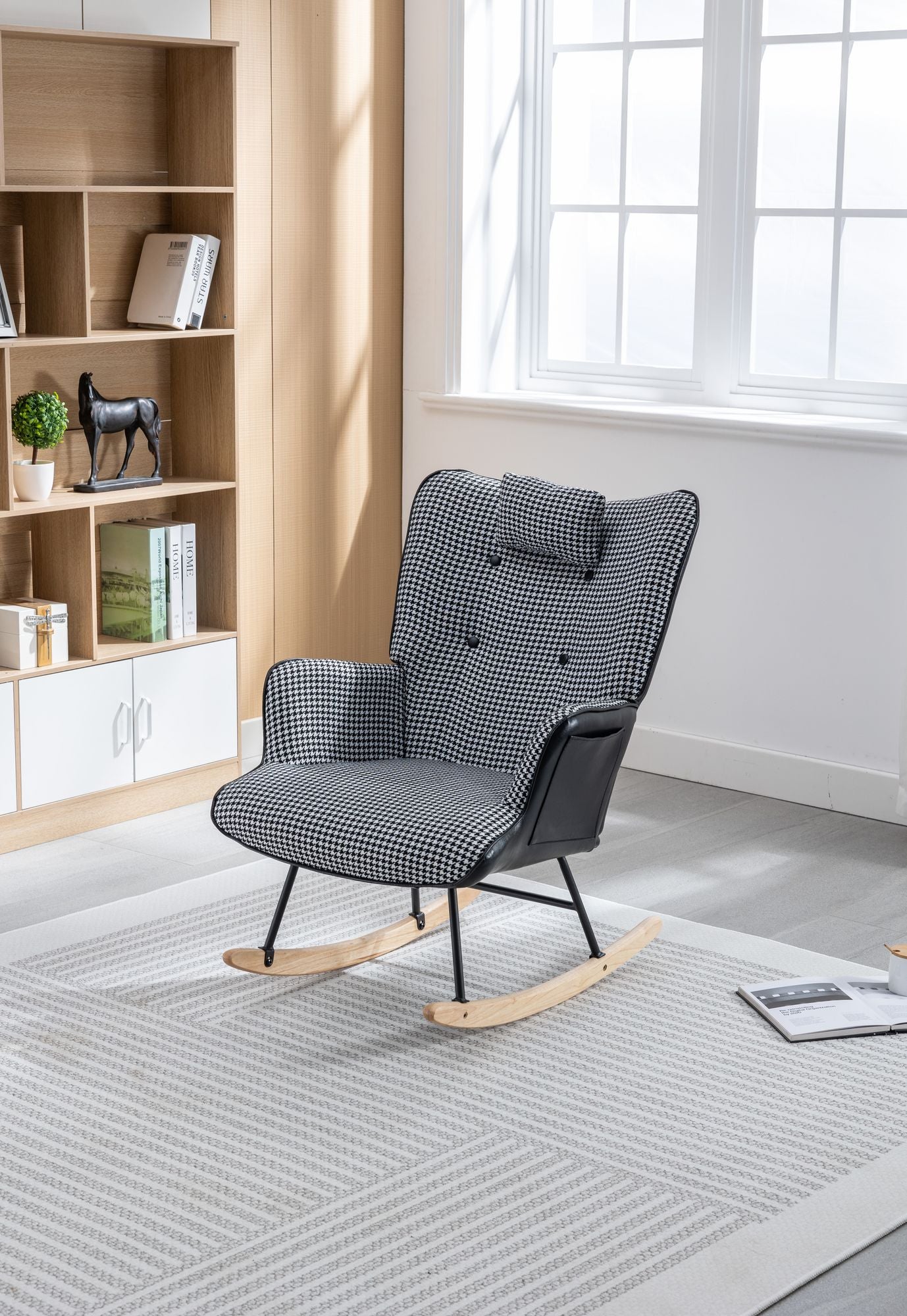 35.5 inch Rocking Chair, Soft Houndstooth Fabric Leather Fabric Rocking Chair for Nursery, Comfy Wingback Glider Rocker with Safe Solid Wood Base for Living Room Bedroom Balcony - 7DAY'S