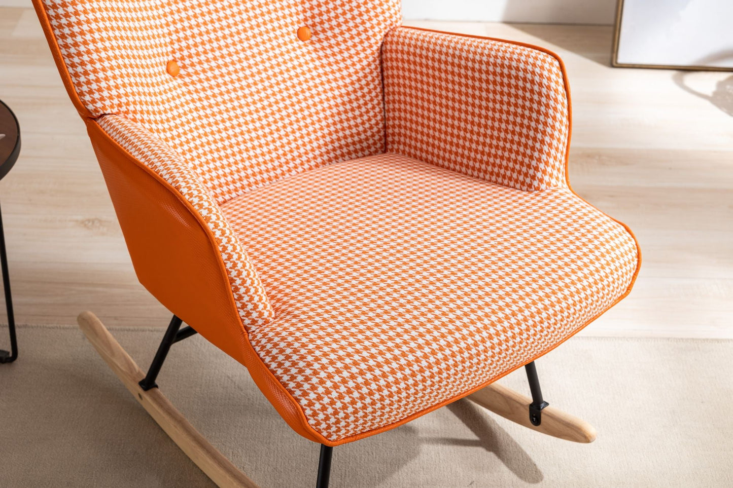 35.5 inch Rocking Chair, Soft Houndstooth Fabric Leather Fabric Rocking Chair for Nursery, Comfy Wingback Glider Rocker with Safe Solid Wood Base for Living Room Bedroom Balcony - 7DAY'S