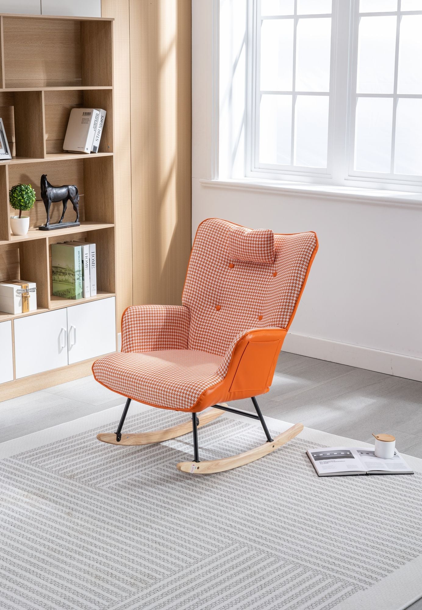 35.5 inch Rocking Chair, Soft Houndstooth Fabric Leather Fabric Rocking Chair for Nursery, Comfy Wingback Glider Rocker with Safe Solid Wood Base for Living Room Bedroom Balcony - 7DAY'S