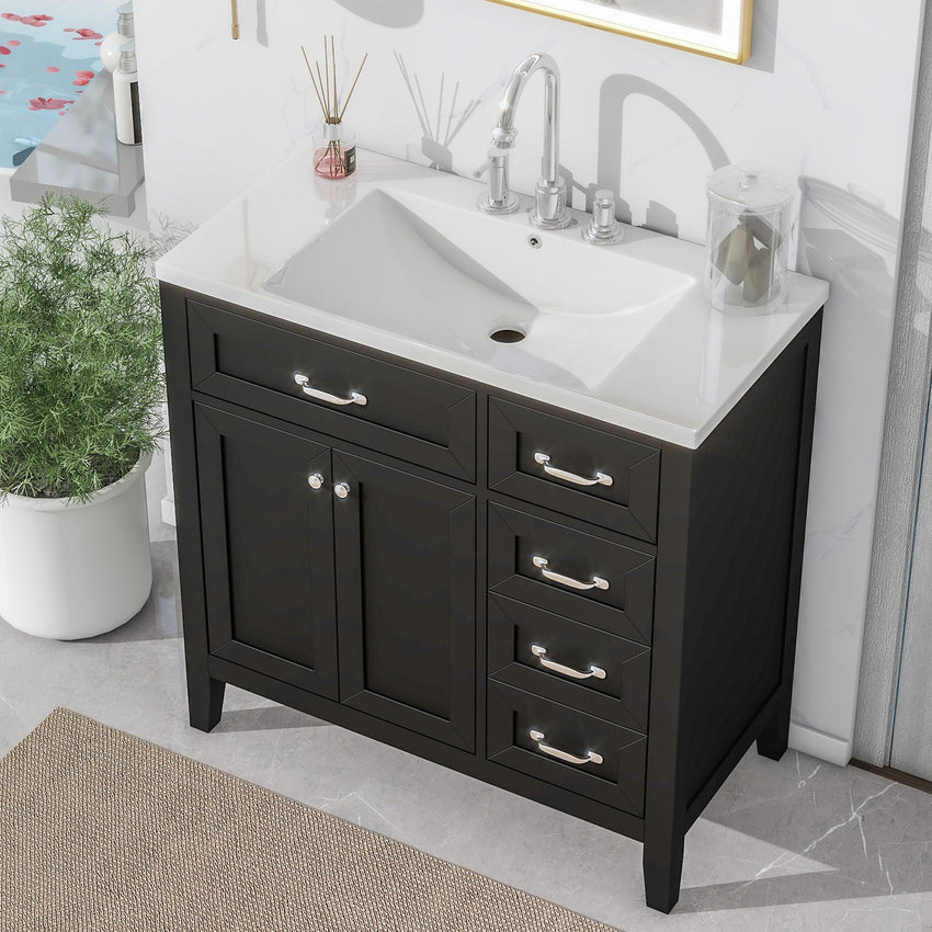 36\" Bathroom Vanity with Sink Combo, Black Bathroom Cabinet with Drawers, Solid Frame and MDF Board - 7DAY'S