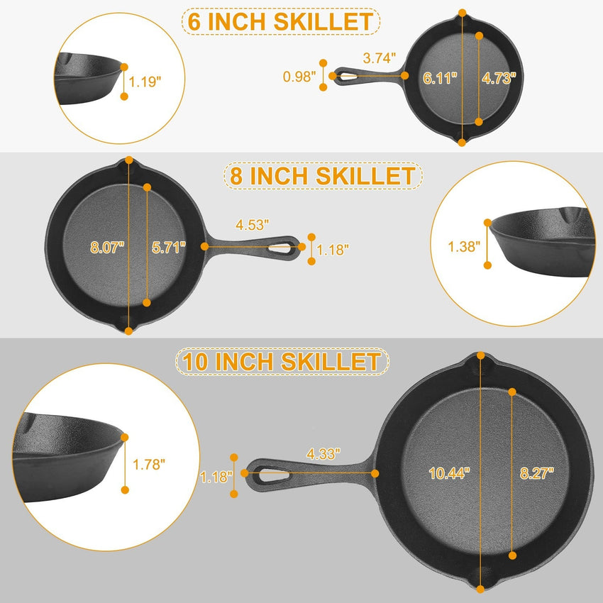 3Pcs Pre - Seasoned Cast Iron Skillet Set 6/8/10in Non - Stick Oven Safe Cookware Heat - Resistant Frying Pan - 7DAY'S