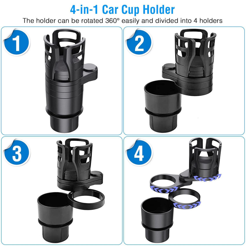 4 In 1 Car Cup Holder Expander Adapter Multifunctional Water Cup Mount Stand 360° Rotating Drink Bottle Organizer with Adjustable Base - 7DAY'S