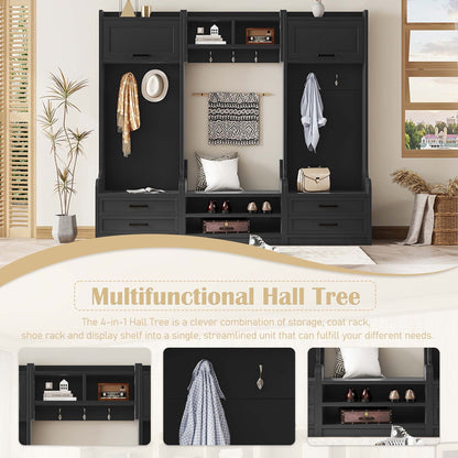 4 - in - 1 Detachable Hall Tree with Storage and 7 Hooks, Multiple Functions Hallway Coat Rack with Storage Drawers and Cabinet, Black Shoe Bench for Entryway Hallway - 7DAY'S