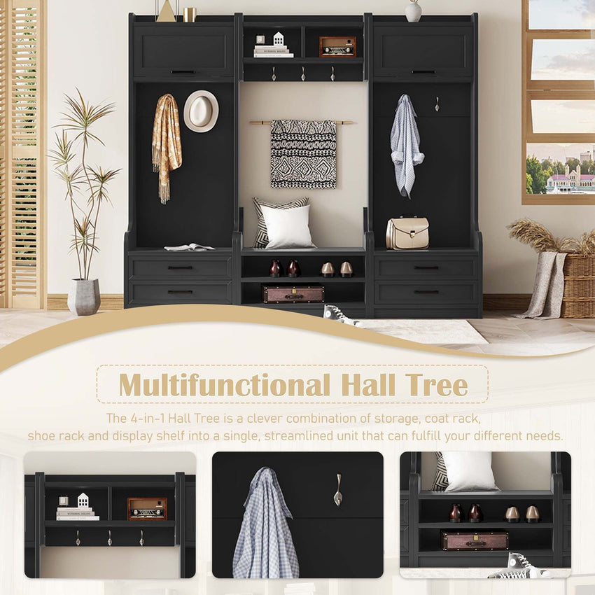 4 - in - 1 Detachable Hall Tree with Storage and 7 Hooks, Multiple Functions Hallway Coat Rack with Storage Drawers and Cabinet, Black Shoe Bench for Entryway Hallway - 7DAY'S