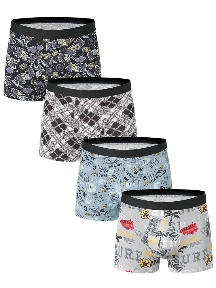 4 Pack European and American Size MEN'S FASHION Printed Boxer Underwear Comfortable Swimming Trunks Oversized Underwear Shorts - 7DAY'S