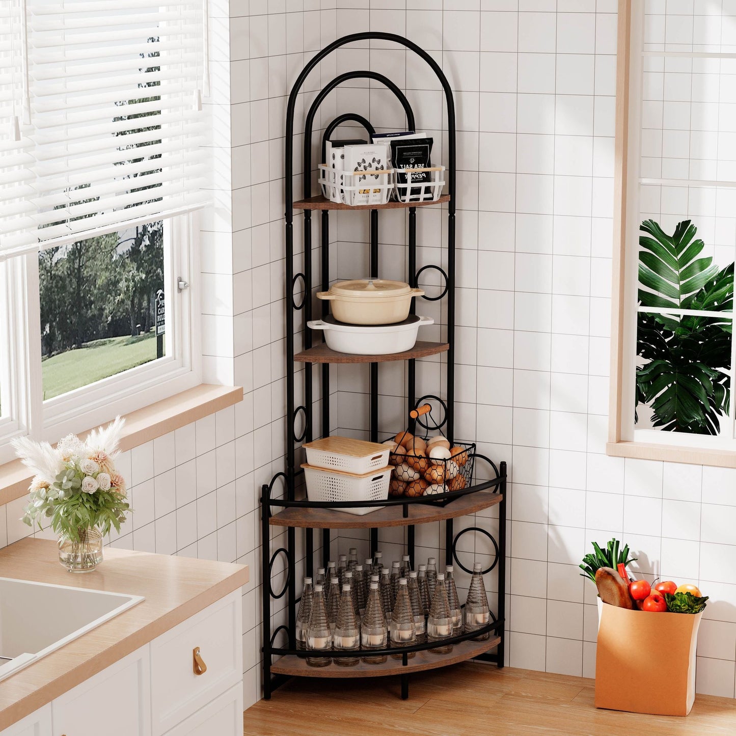 4 - Tier Corner Bookshelf, Modern Style, Plant Stand with Metal Frame - 7DAY'S