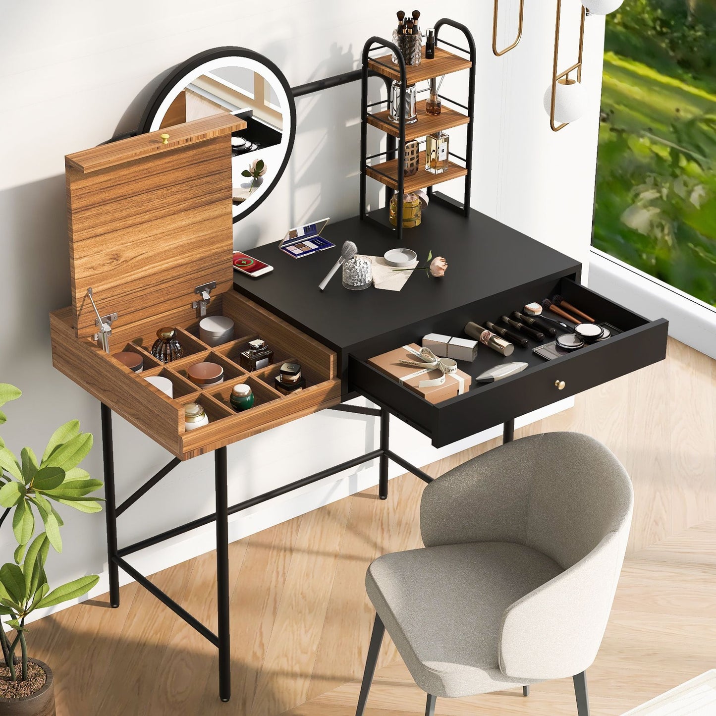 40 inch Makeup Vanity Desk with 3 - Mode Lighted Mirror & Wireless Charging Station,Vanity Table with Drawer & 3 Open Shelves for Ample Storage Space,Dressing Table for Bedroom - 7DAY'S