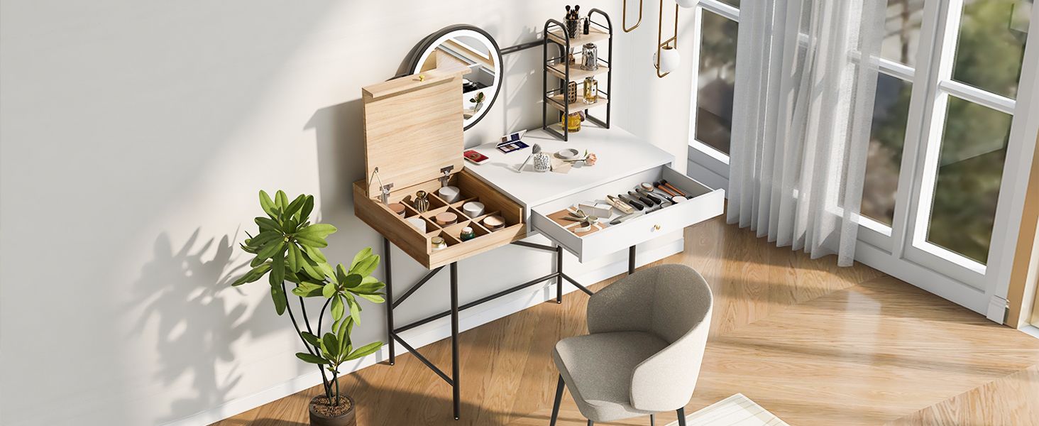 40 inch Makeup Vanity Desk with 3 - Mode Lighted Mirror & Wireless Charging Station,Vanity Table with Drawer & 3 Open Shelves for Ample Storage Space,Dressing Table for Bedroom - 7DAY'S