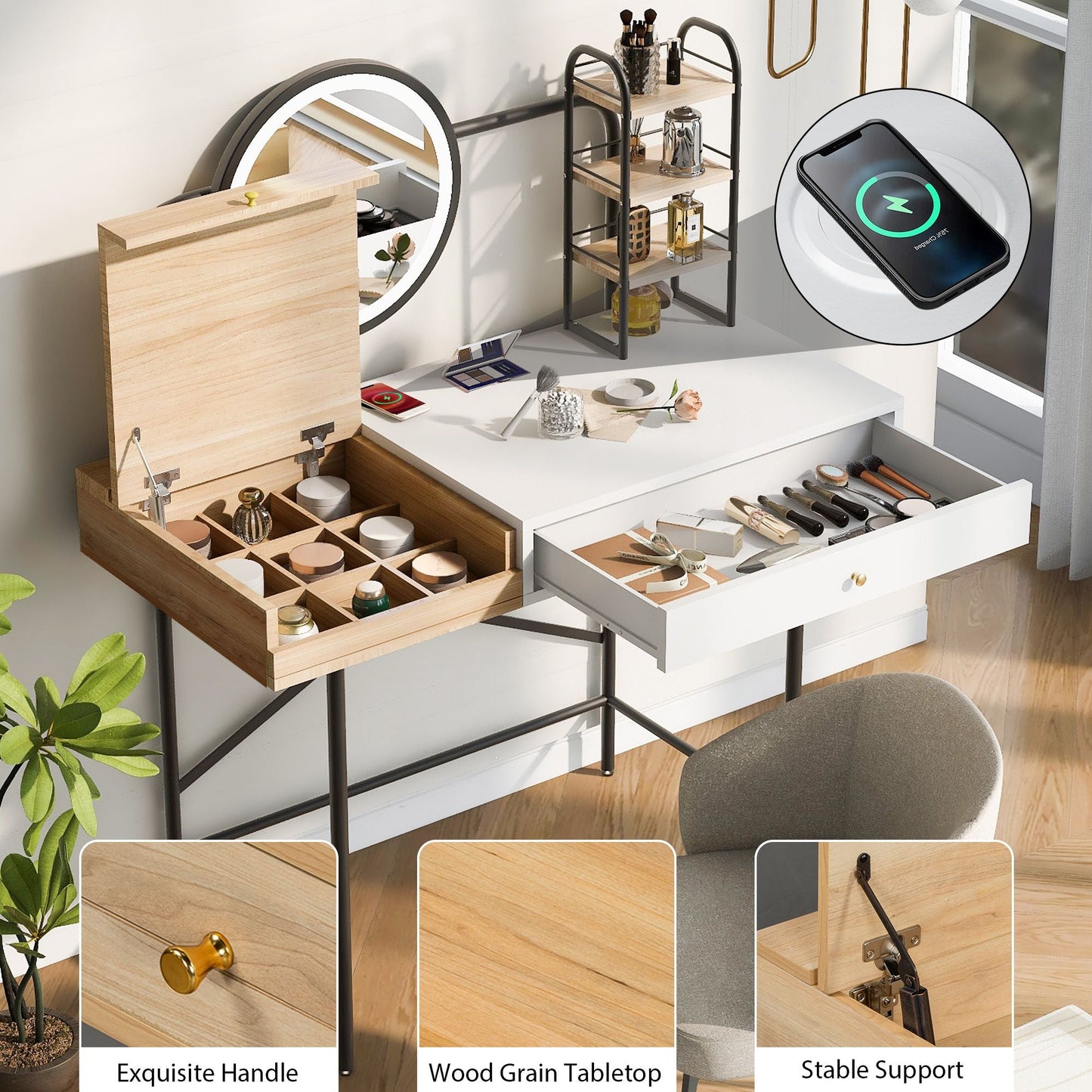 40 inch Makeup Vanity Desk with 3 - Mode Lighted Mirror & Wireless Charging Station,Vanity Table with Drawer & 3 Open Shelves for Ample Storage Space,Dressing Table for Bedroom - 7DAY'S