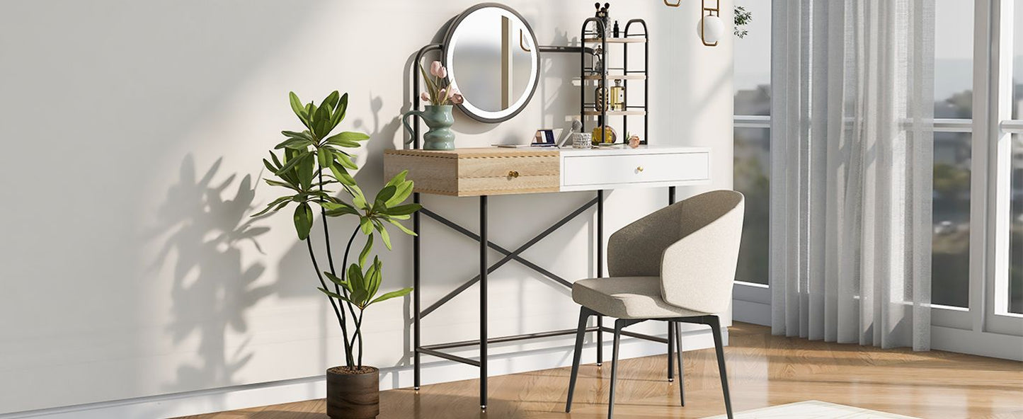 40 inch Makeup Vanity Desk with 3 - Mode Lighted Mirror & Wireless Charging Station,Vanity Table with Drawer & 3 Open Shelves for Ample Storage Space,Dressing Table for Bedroom - 7DAY'S