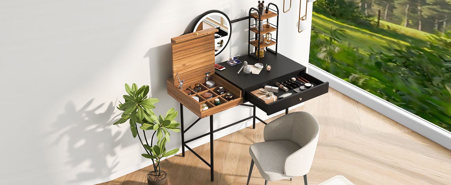 40 inch Makeup Vanity Desk with 3 - Mode Lighted Mirror & Wireless Charging Station,Vanity Table with Drawer & 3 Open Shelves for Ample Storage Space,Dressing Table for Bedroom - 7DAY'S