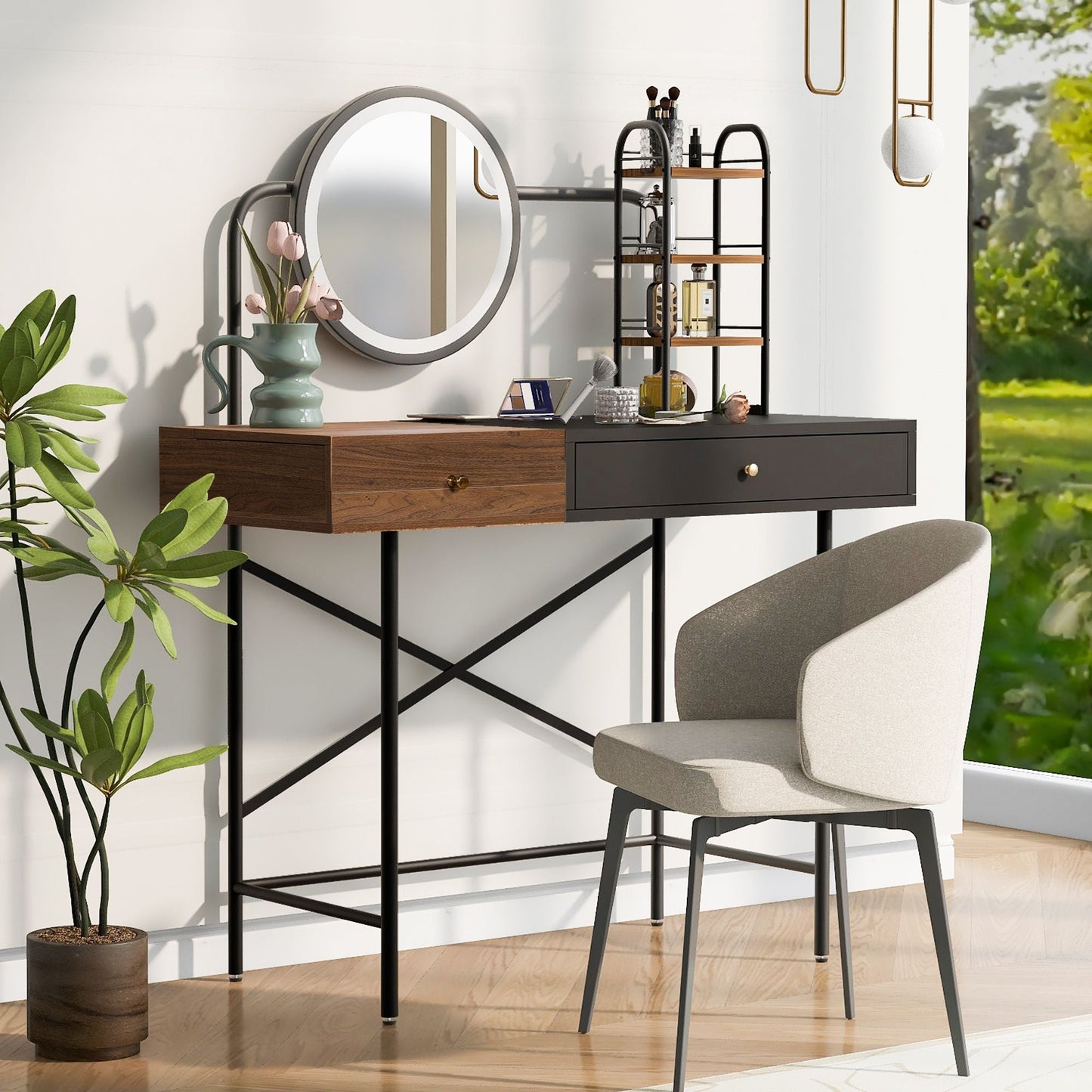 40 inch Makeup Vanity Desk with 3 - Mode Lighted Mirror & Wireless Charging Station,Vanity Table with Drawer & 3 Open Shelves for Ample Storage Space,Dressing Table for Bedroom - 7DAY'S