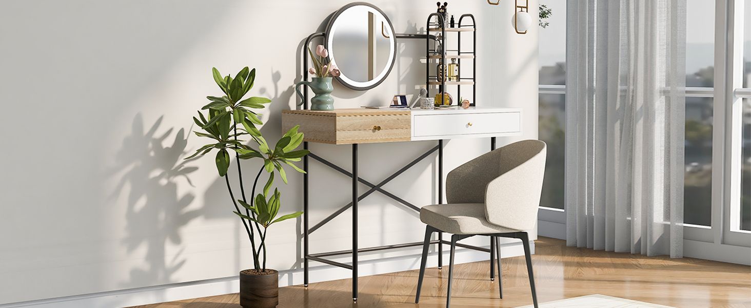 40 inch Makeup Vanity Desk with 3 - Mode Lighted Mirror & Wireless Charging Station,Vanity Table with Drawer & 3 Open Shelves for Ample Storage Space,Dressing Table for Bedroom - 7DAY'S