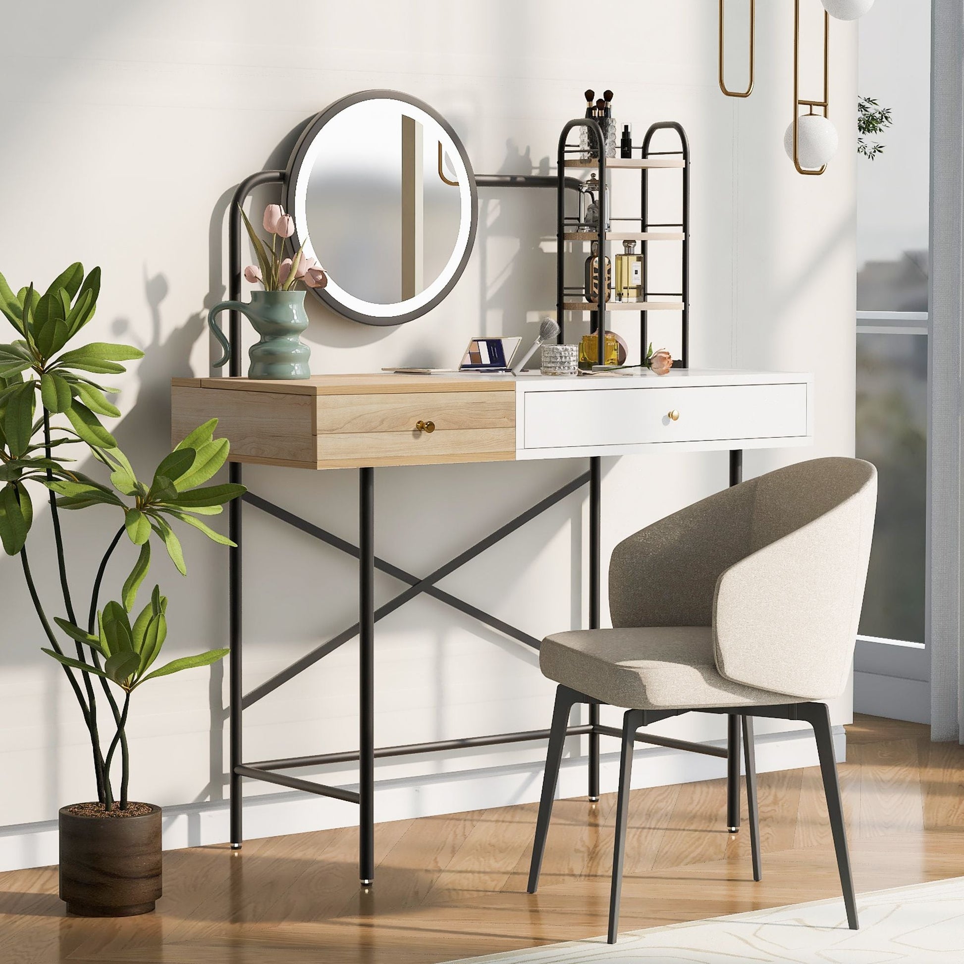 40 inch Makeup Vanity Desk with 3 - Mode Lighted Mirror & Wireless Charging Station,Vanity Table with Drawer & 3 Open Shelves for Ample Storage Space,Dressing Table for Bedroom - 7DAY'S