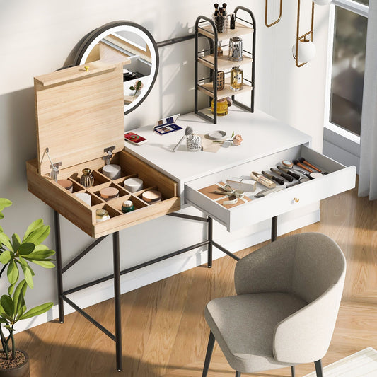 40 inch Makeup Vanity Desk with 3 - Mode Lighted Mirror & Wireless Charging Station,Vanity Table with Drawer & 3 Open Shelves for Ample Storage Space,Dressing Table for Bedroom - 7DAY'S