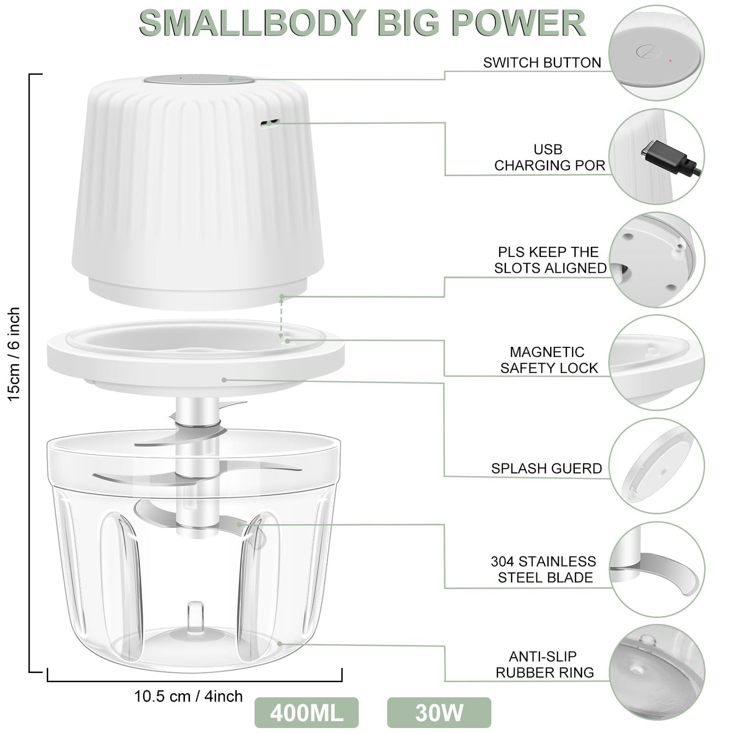 400ML Electric Garlic Chopper, 6 Blades Garlic Grinder Mini Vegetable Chopper, USB Portable Veggie Chopper, Garlic Mincer, Onion Chopper, Food Processor for Ginger, Chili, Fruit, Meat - 7DAY'S