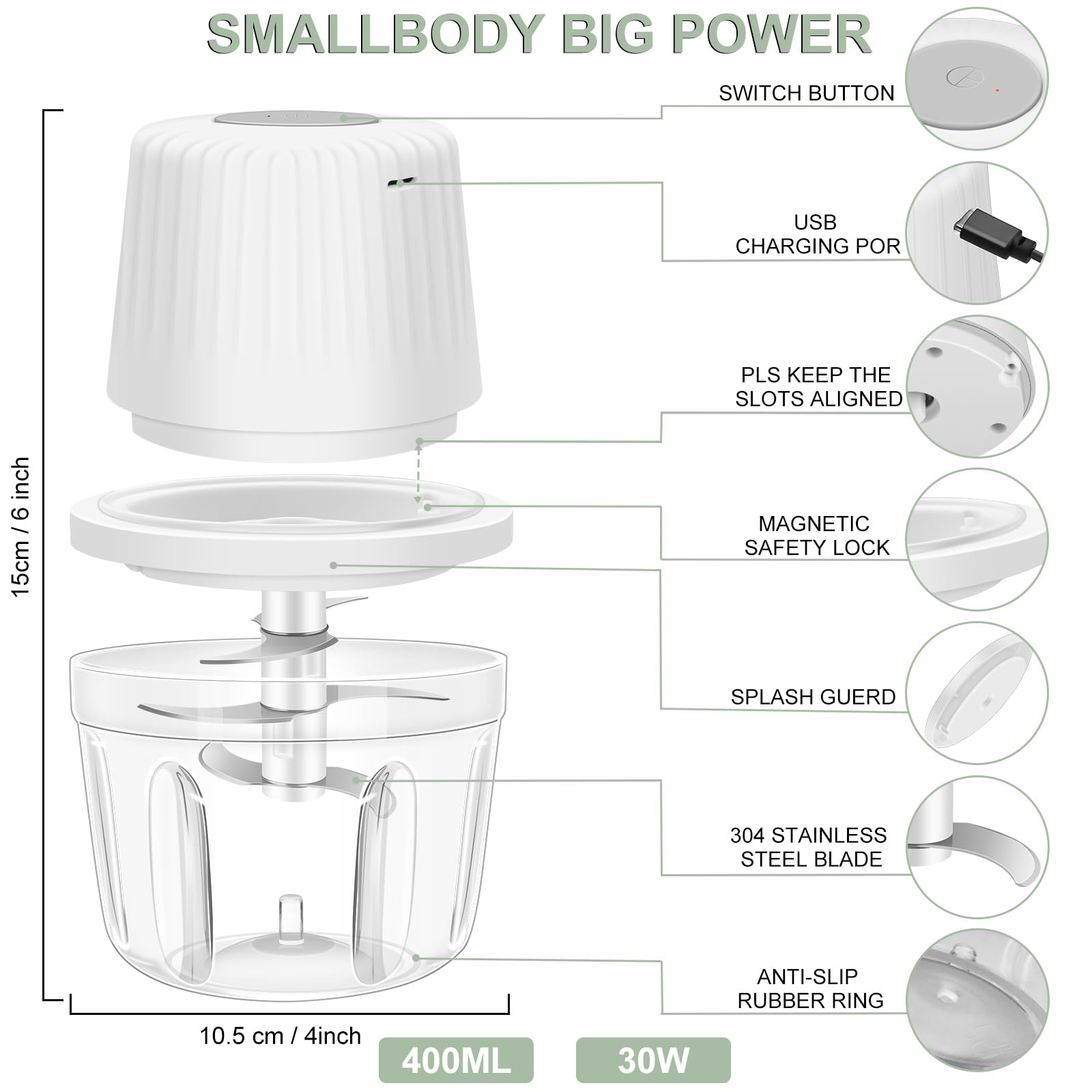 400ML Electric Garlic Chopper, 6 Blades Garlic Grinder Mini Vegetable Chopper, USB Portable Veggie Chopper, Garlic Mincer, Onion Chopper, Food Processor for Ginger, Chili, Fruit, Meat - 7DAY'S