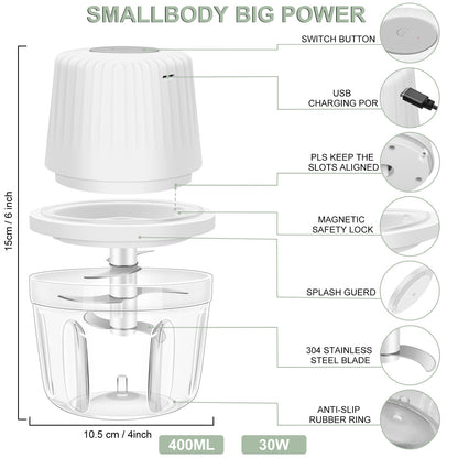 400ML Electric Garlic Chopper, 6 Blades Garlic Grinder Mini Vegetable Chopper, USB Portable Veggie Chopper, Garlic Mincer, Onion Chopper, Food Processor for Ginger, Chili, Fruit, Meat - 7DAY'S