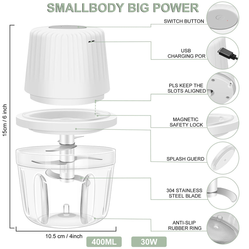400ML Electric Garlic Chopper, 6 Blades Garlic Grinder Mini Vegetable Chopper, USB Portable Veggie Chopper, Garlic Mincer, Onion Chopper, Food Processor for Ginger, Chili, Fruit, Meat - 7DAY'S