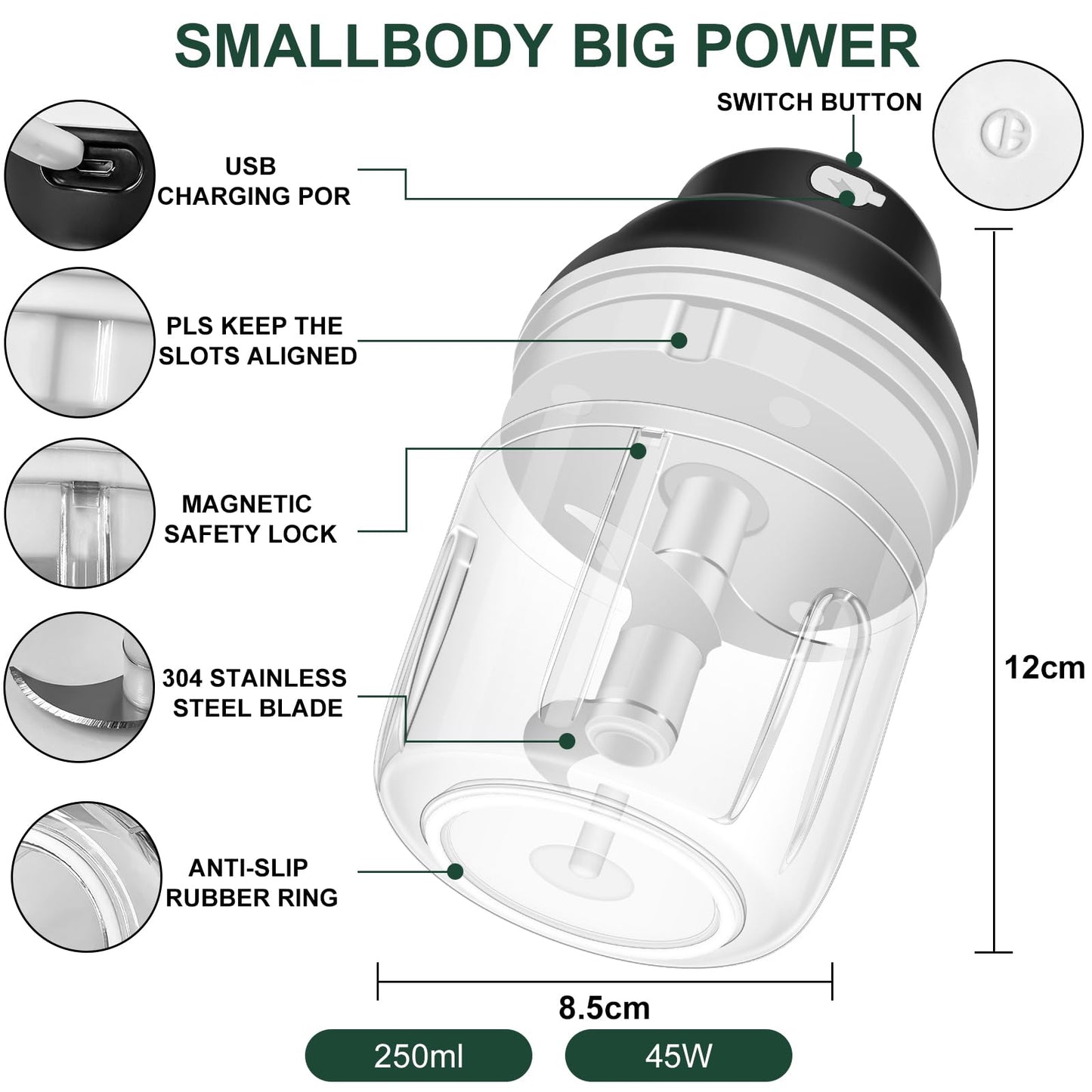 400ML Electric Garlic Chopper, 6 Blades Garlic Grinder Mini Vegetable Chopper, USB Portable Veggie Chopper, Garlic Mincer, Onion Chopper, Food Processor for Ginger, Chili, Fruit, Meat - 7DAY'S