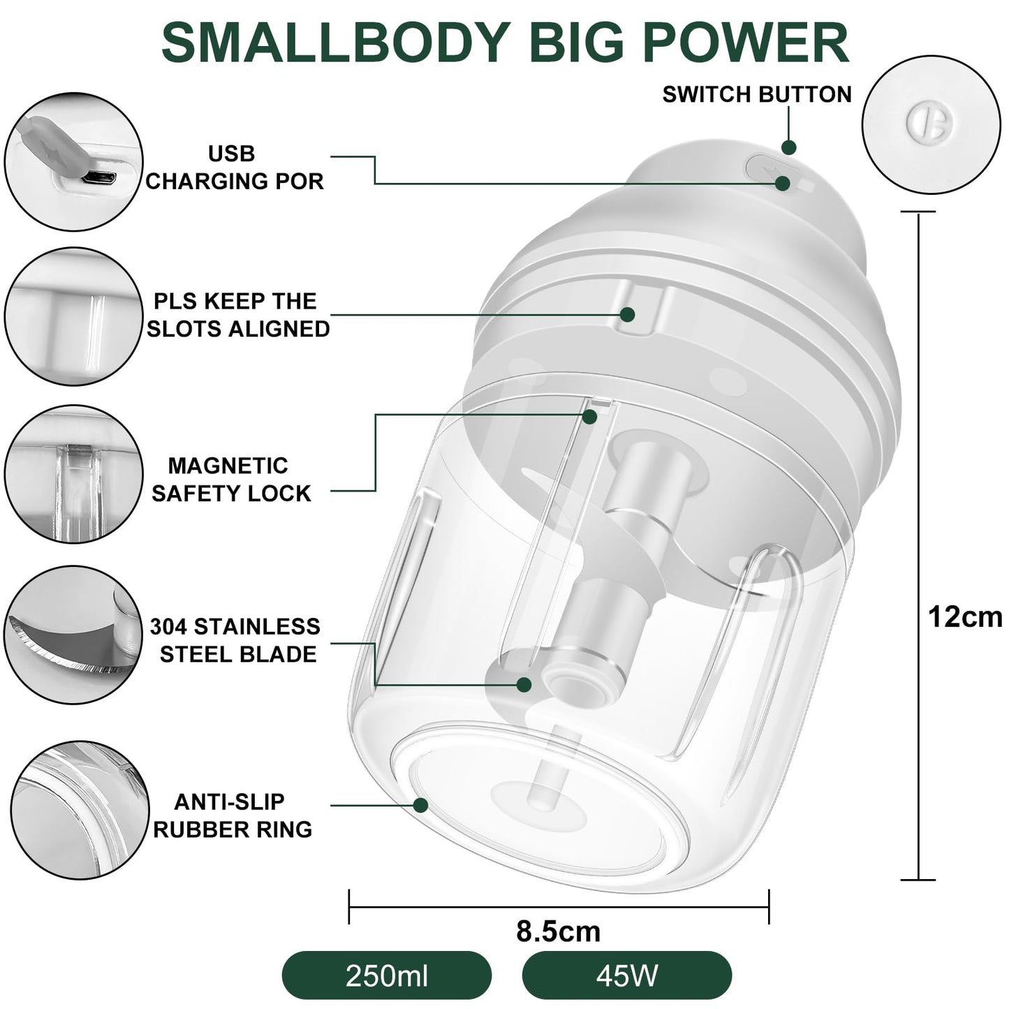 400ML Electric Garlic Chopper, 6 Blades Garlic Grinder Mini Vegetable Chopper, USB Portable Veggie Chopper, Garlic Mincer, Onion Chopper, Food Processor for Ginger, Chili, Fruit, Meat - 7DAY'S