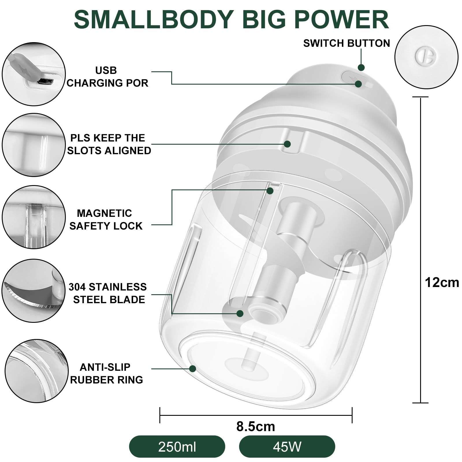 400ML Electric Garlic Chopper, 6 Blades Garlic Grinder Mini Vegetable Chopper, USB Portable Veggie Chopper, Garlic Mincer, Onion Chopper, Food Processor for Ginger, Chili, Fruit, Meat - 7DAY'S
