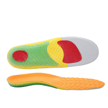 Colorful gel insoles with red cushioning zones for arch and heel support, ideal for comfort and sports